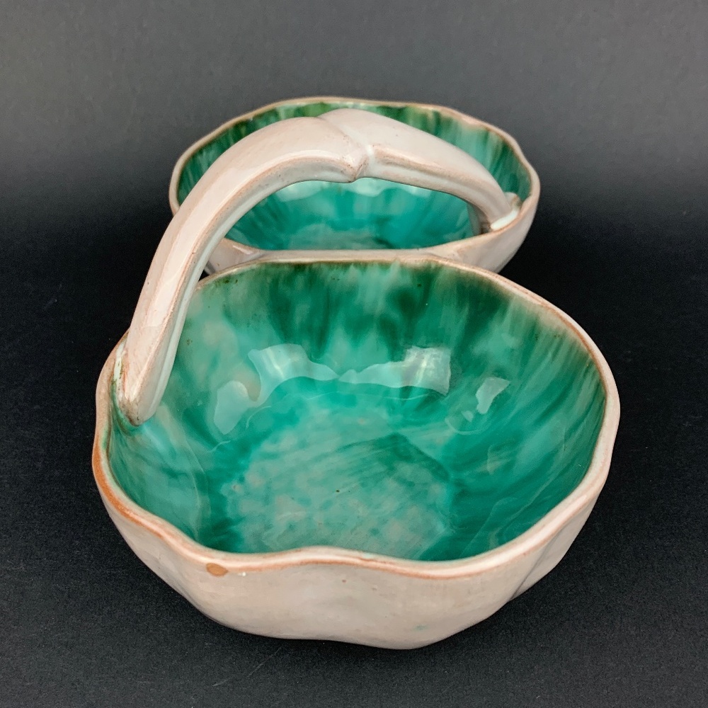 Vintage STANGL #3784 2-Bowl Handled Candy Dish Green &Oyster Grey Glazed Pottery